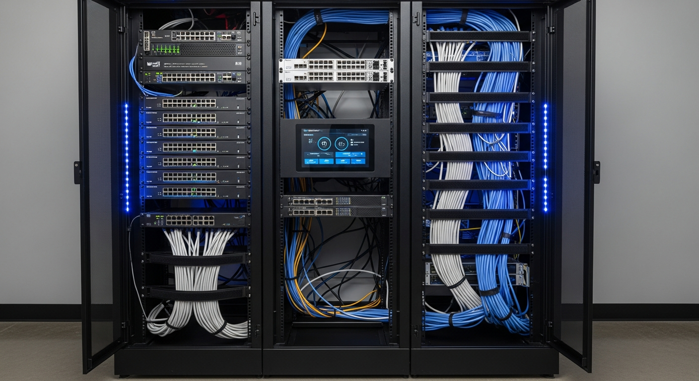 Professional IT server rack with UniFi network switches and structured cabling — Apex One IT Sacramento