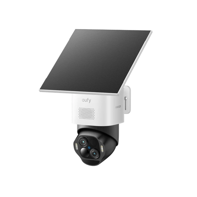 eufy SoloCam E50 with two camera lenses and a solar panel.