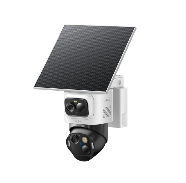 eufyCam E52 with a fixed upper camera, lower moving camera and solar panel.