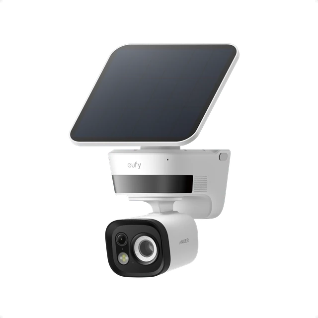 White eufy TrackLight Cam S1 with a solar panel and directional tracking light.