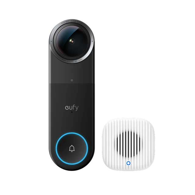 Black eufy Video Doorbell S4 beside the white Chime 2.