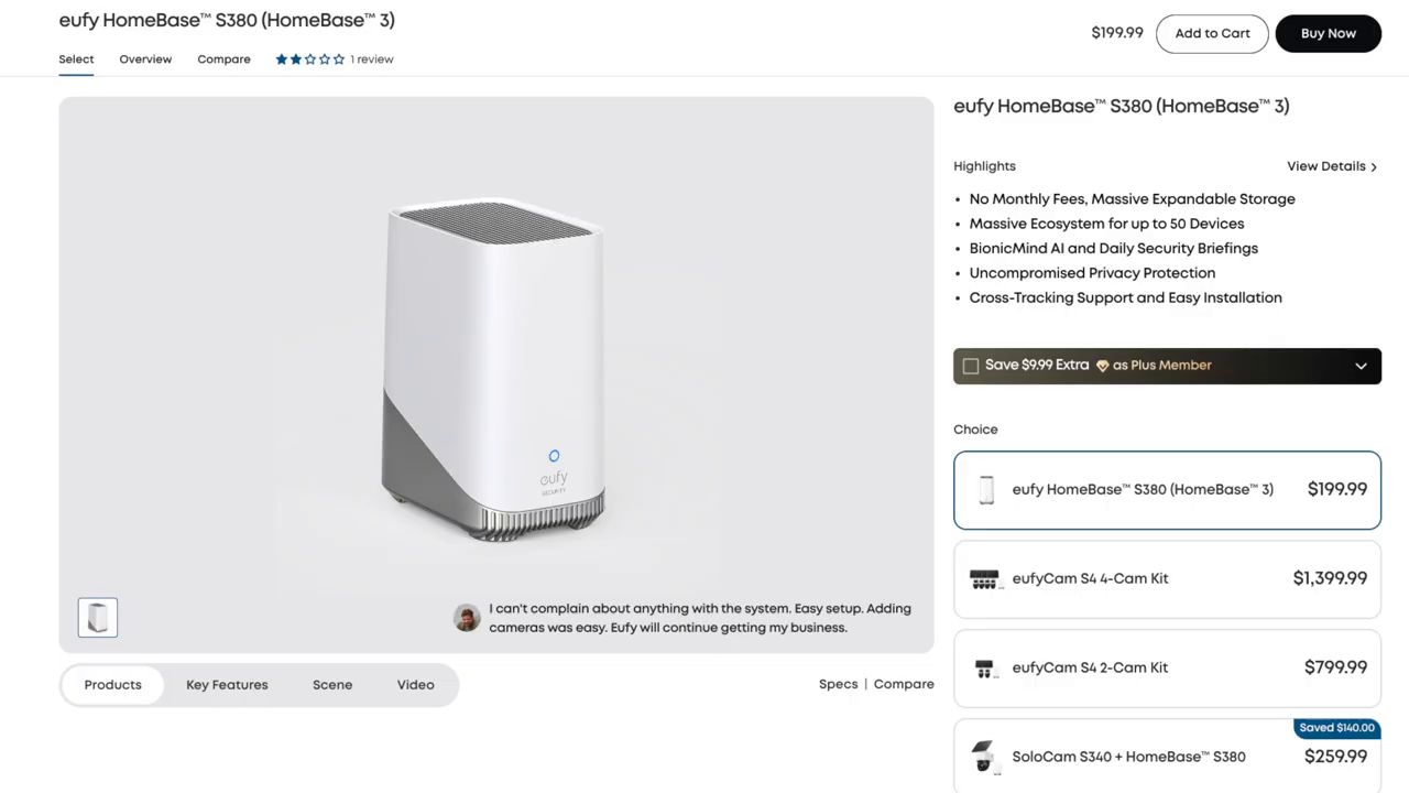 White eufy HomeBase S380 pictured on a product page.