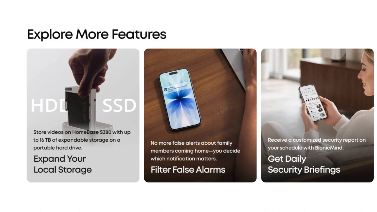 Three product-page panels illustrating storage, filtered alerts and daily summaries.