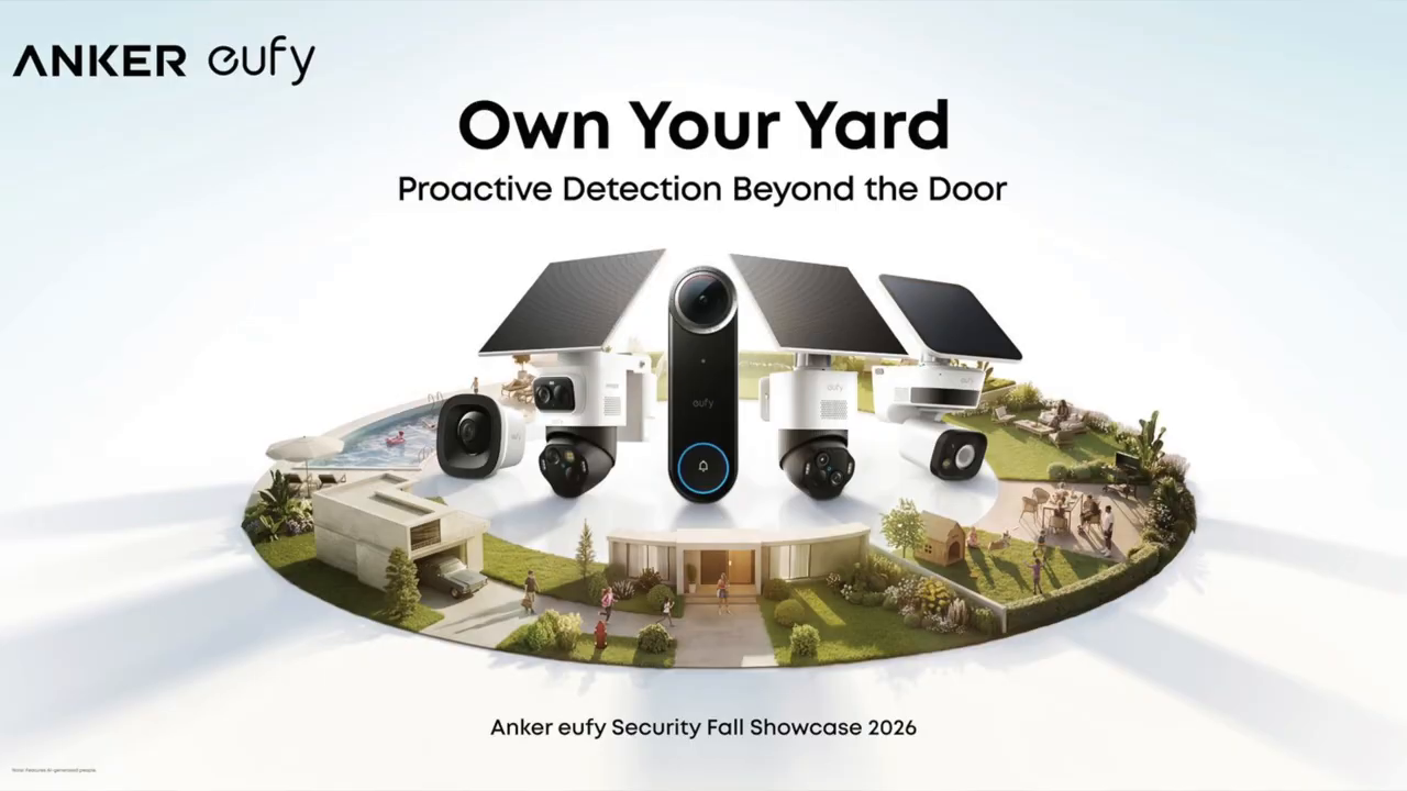 Illustrated yard with eufy cameras positioned around the property.
