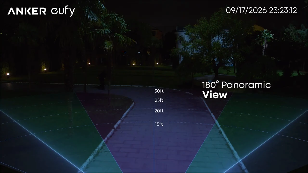 Nighttime yard scene with illuminated areas and overlaid measurement lines.