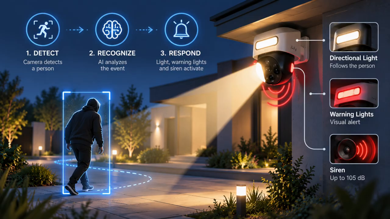 Graphic showing detection, recognition and response stages for a security camera.