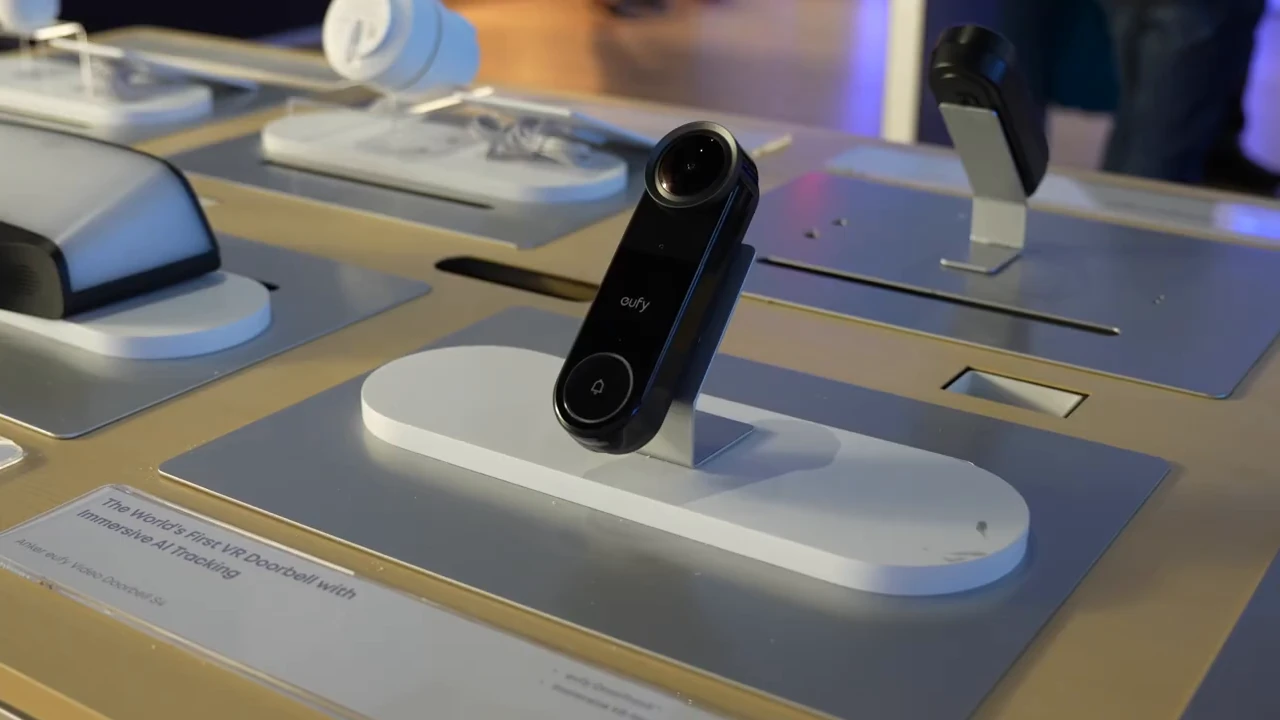 eufy Video Doorbell S4 on a display stand at the showcase.
