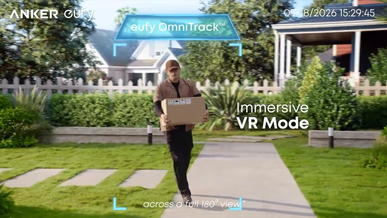 Person outside a home in the eufy Video Doorbell S4 demonstration labeled Immersive VR Mode.