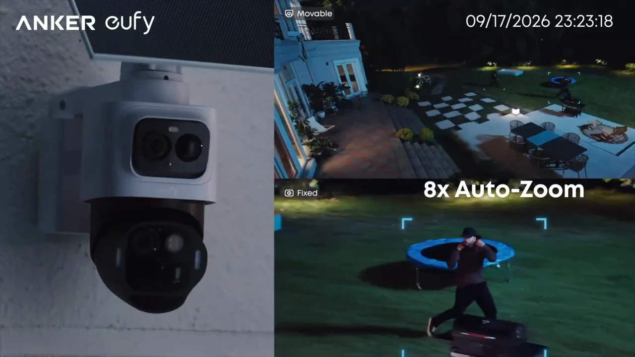 eufyCam E52 beside a close camera view of a person outdoors.