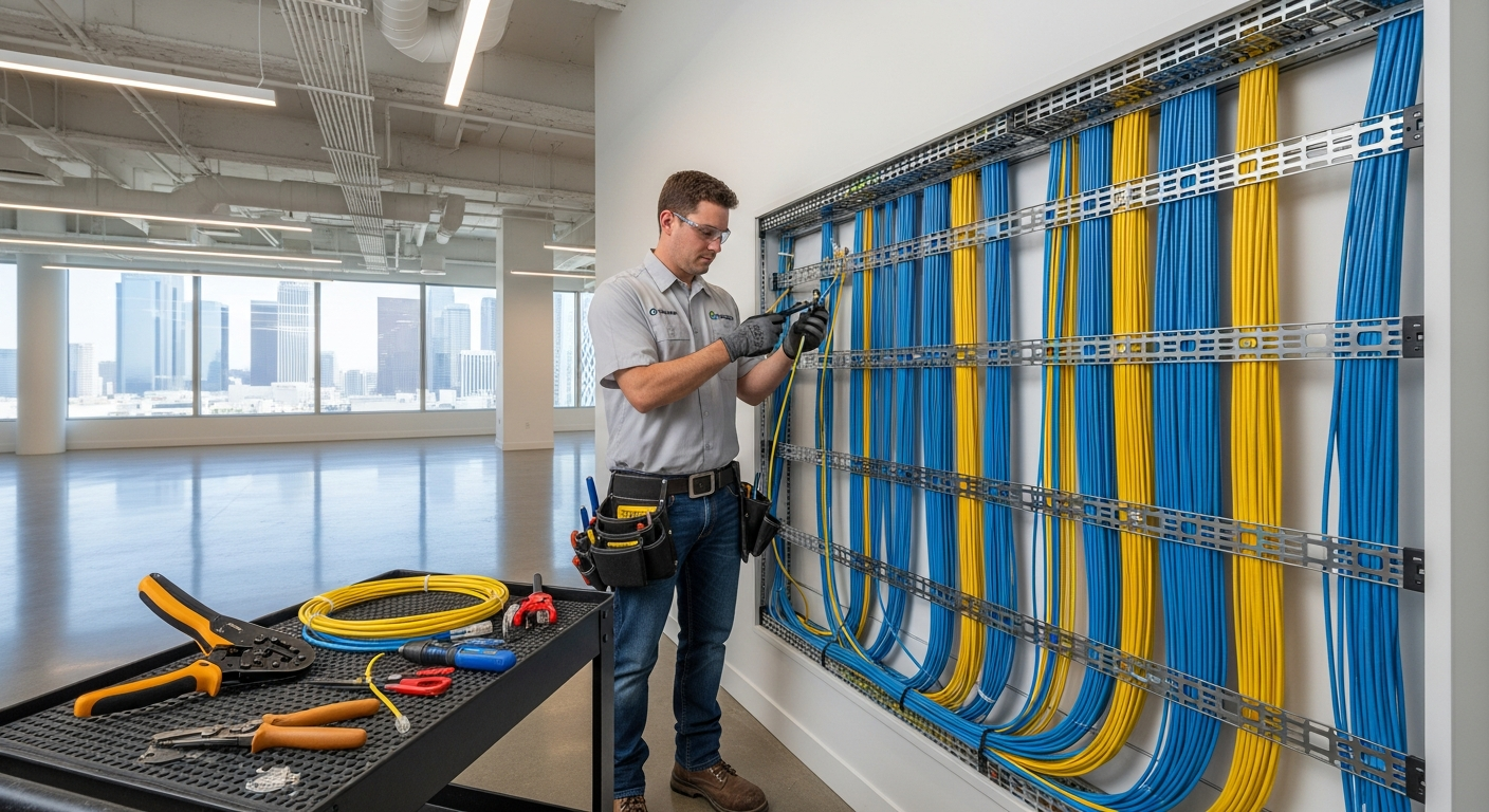 C-7 licensed low-voltage contractor performing structured cabling installation in Los Angeles commercial building