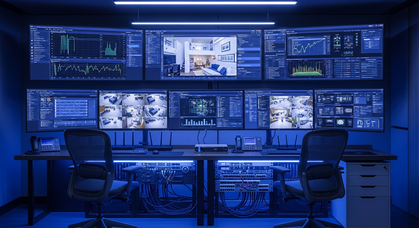 Unified IT and physical security command center with multiple monitoring screens — Tech Judge Chatsworth CA