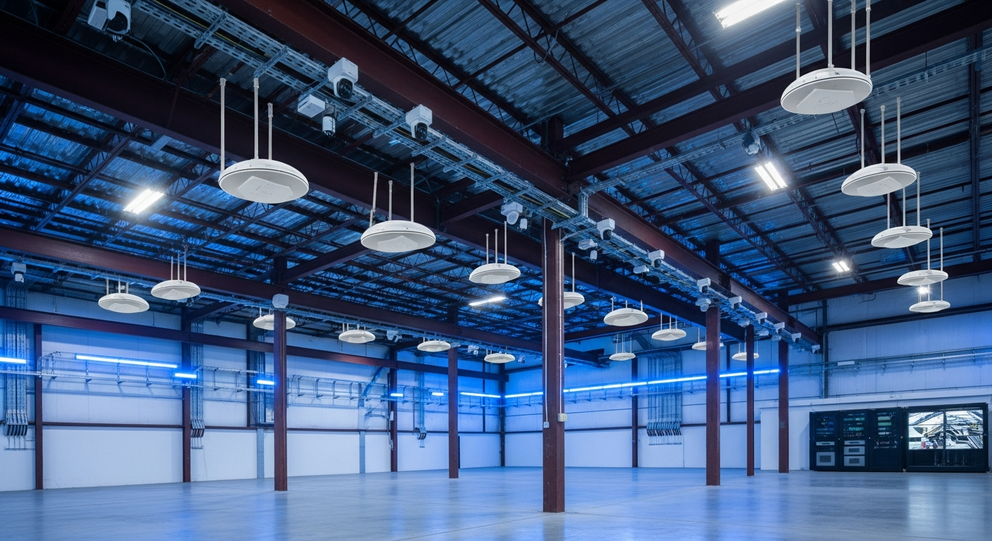 Large-scale enterprise UniFi deployment — warehouse with ceiling-mounted access points and AI security cameras