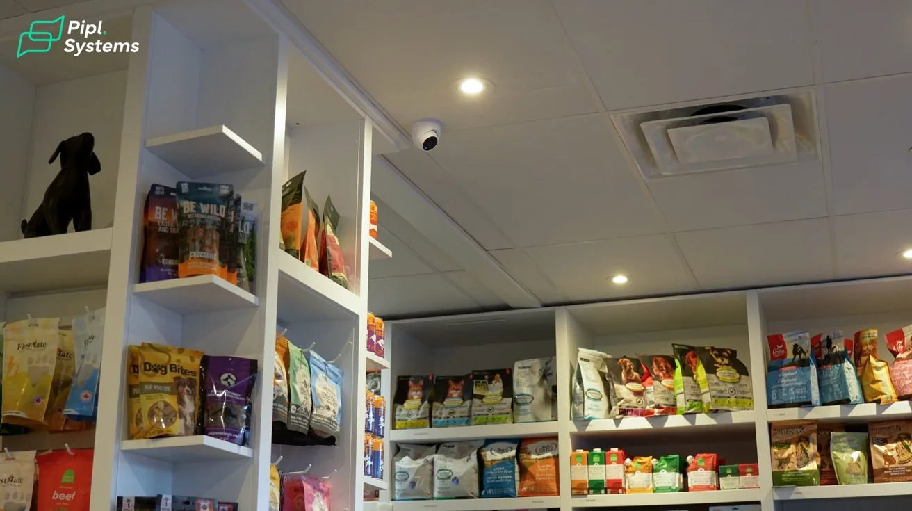 Security camera mounted on store exterior