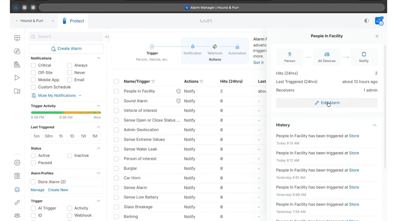 UniFi Alarm Manager interface showing event types