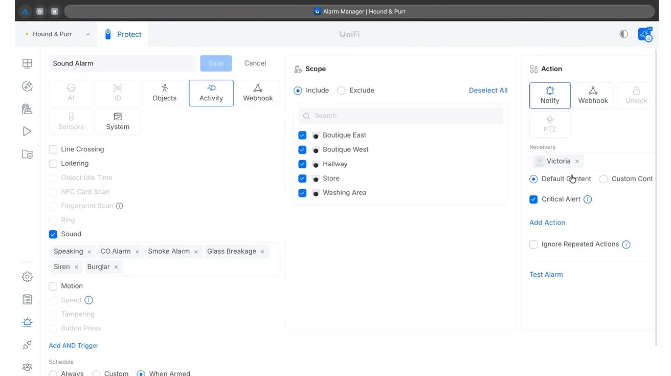 UniFi Alarm Manager — sound detection alerts configured