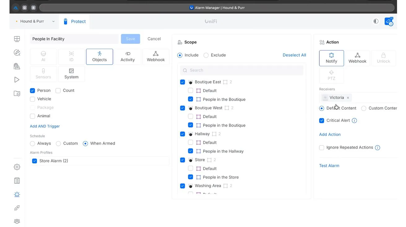 UniFi Alarm Manager with detection objects configured