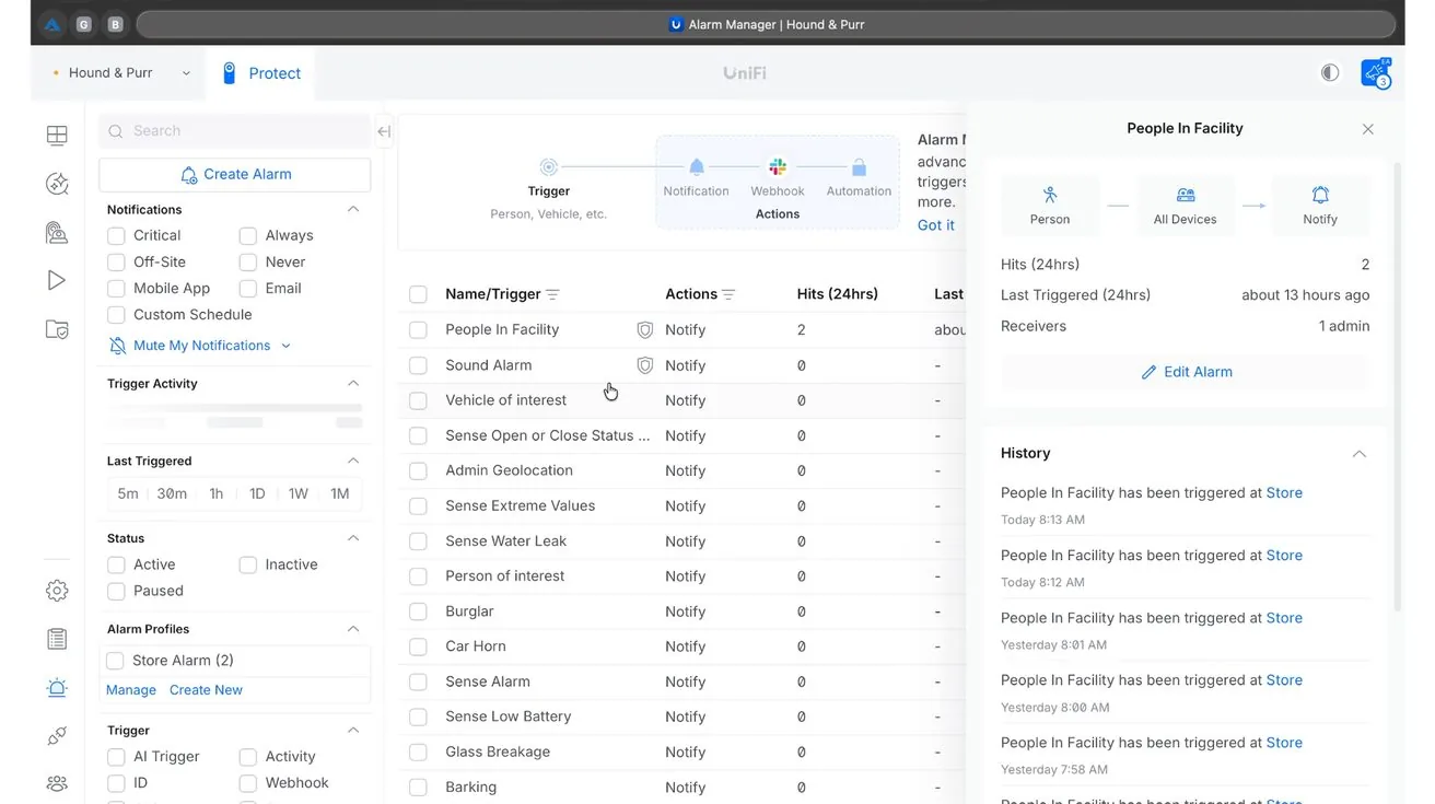 UniFi Alarm Manager interface