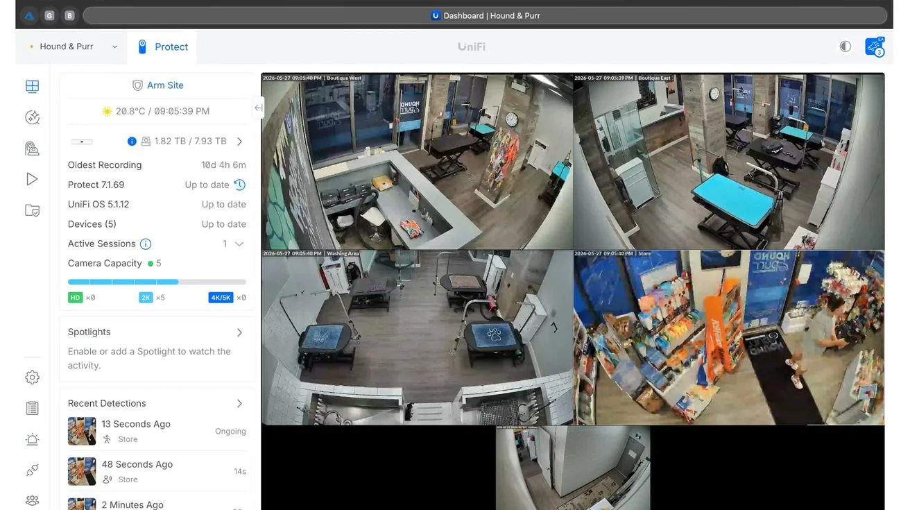 UniFi Protect dashboard showing all live cameras