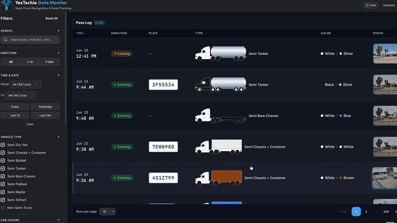 Searchable gate monitoring dashboard demonstrating how structured video data streamlines billing and logistics operations