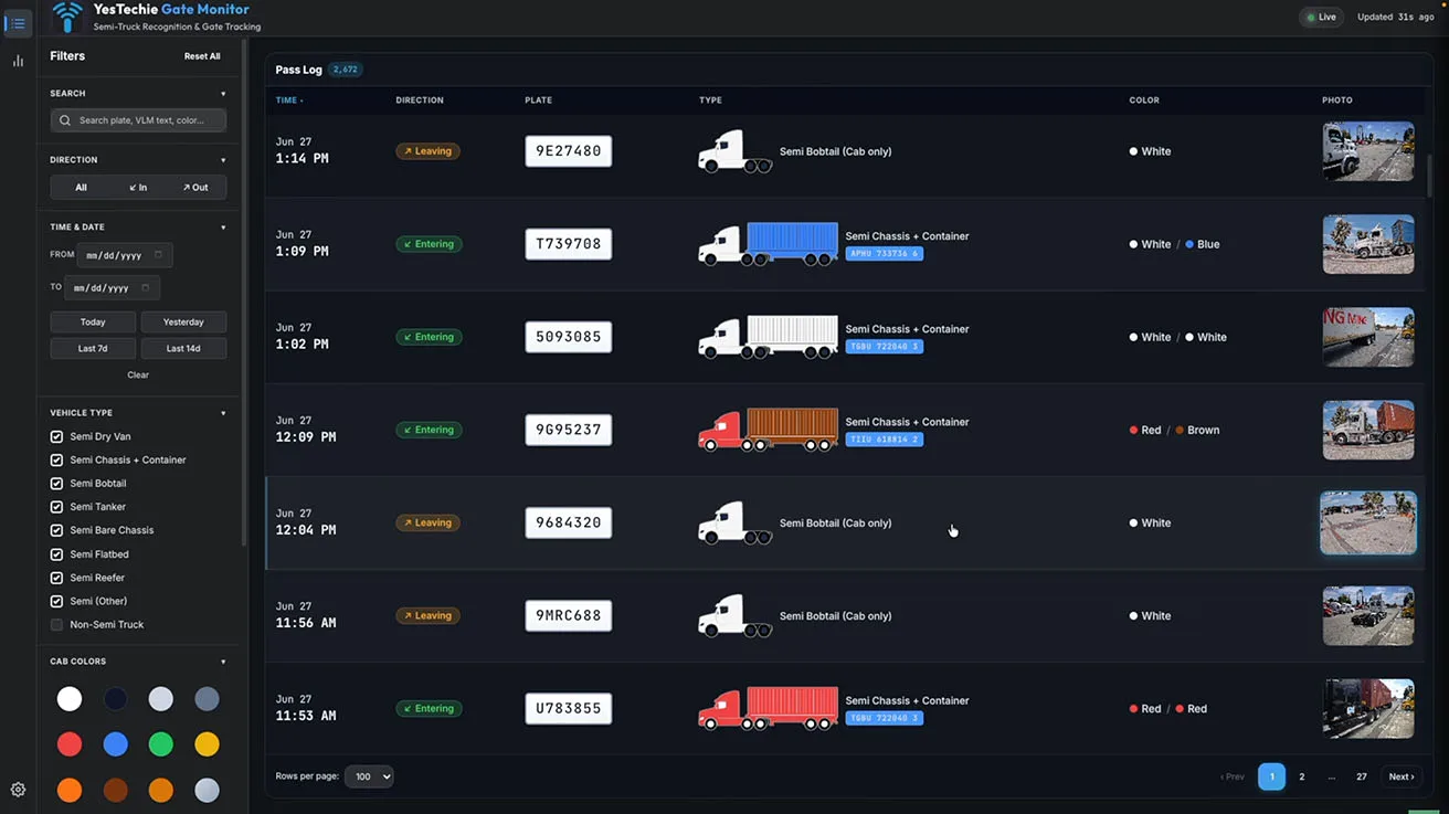 Structured logistics database interface showing automated vehicle entry and exit logs