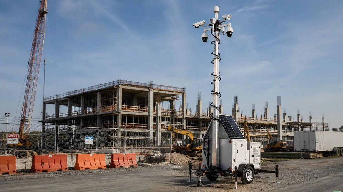 Solar powered mobile surveillance trailer with telescoping mast deployed at active construction site