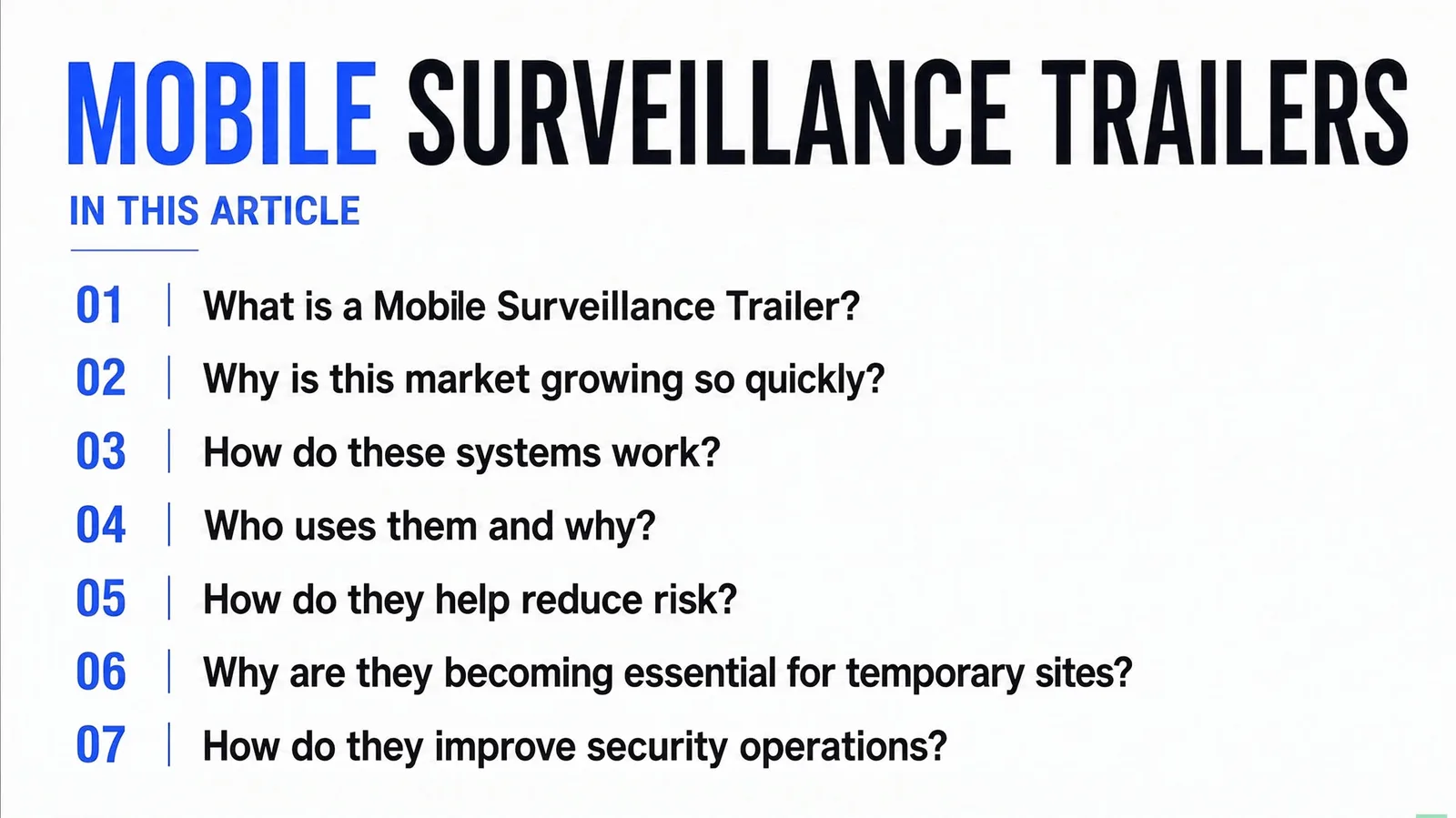 Infographic slide summarizing core business benefits and features of mobile security trailers