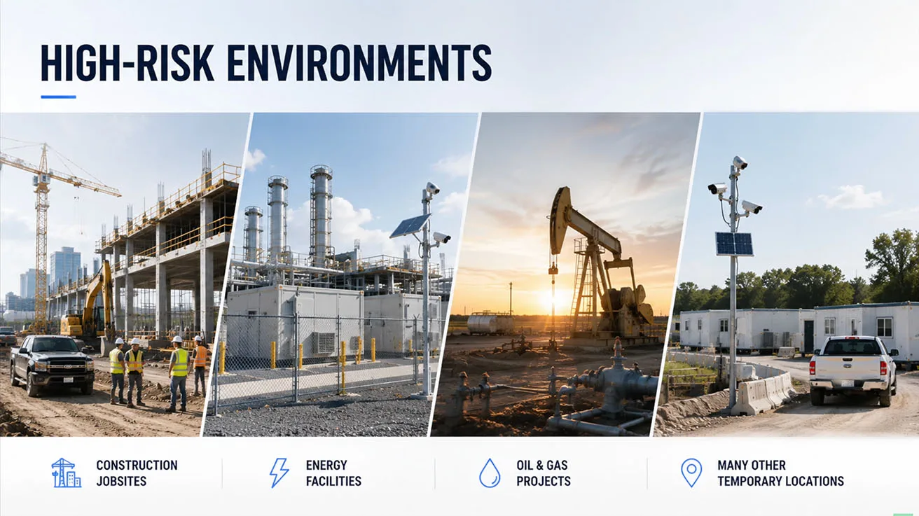 High-risk industrial facility and energy project site protected by temporary mobile security trailers