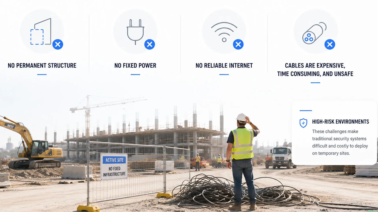 Worker and heavy machinery on high-risk construction site monitored by solar camera tower