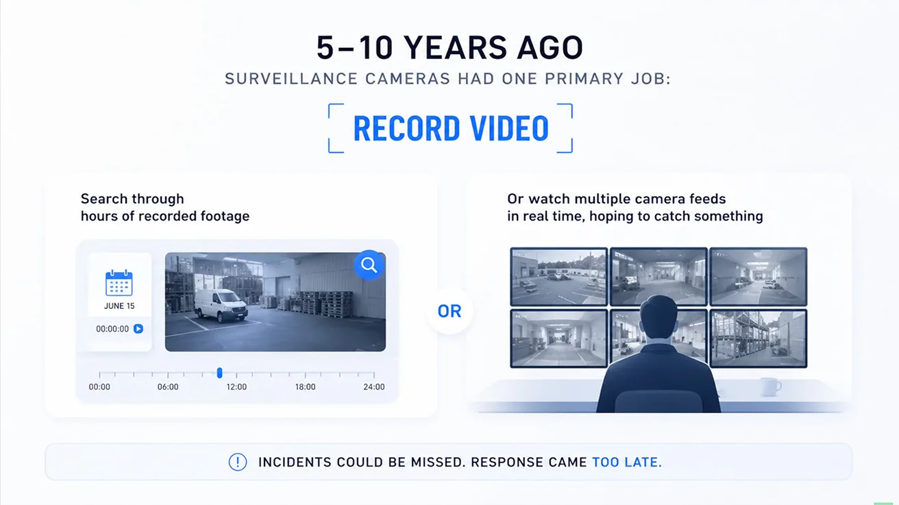 Infographic comparing passive video recording with real-time AI threat detection