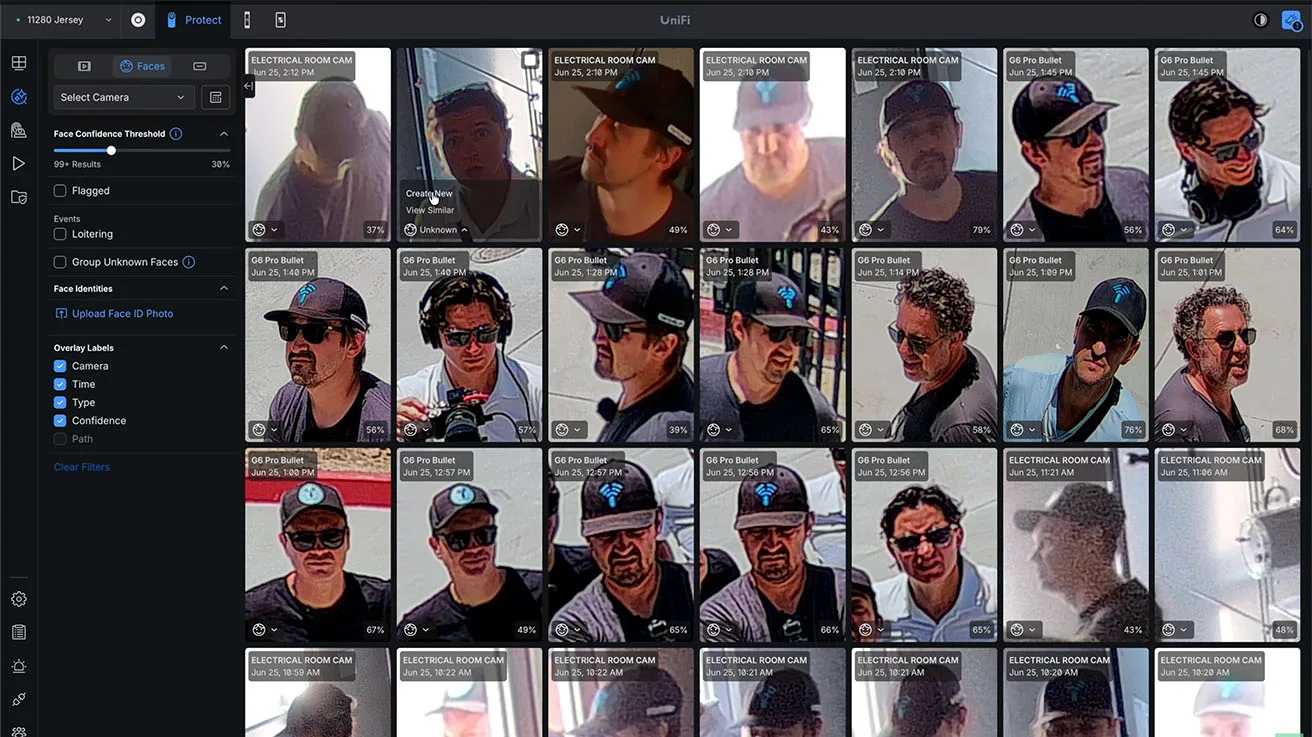 Security operator monitoring screen matrix with facial recognition and LPR analytics
