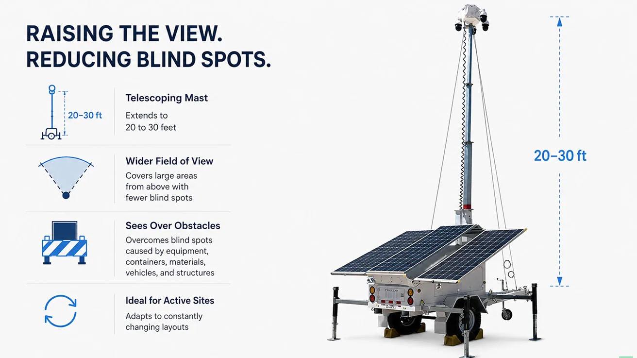 Technical diagram detailing internal hardware components telescoping mast and cameras of a security trailer