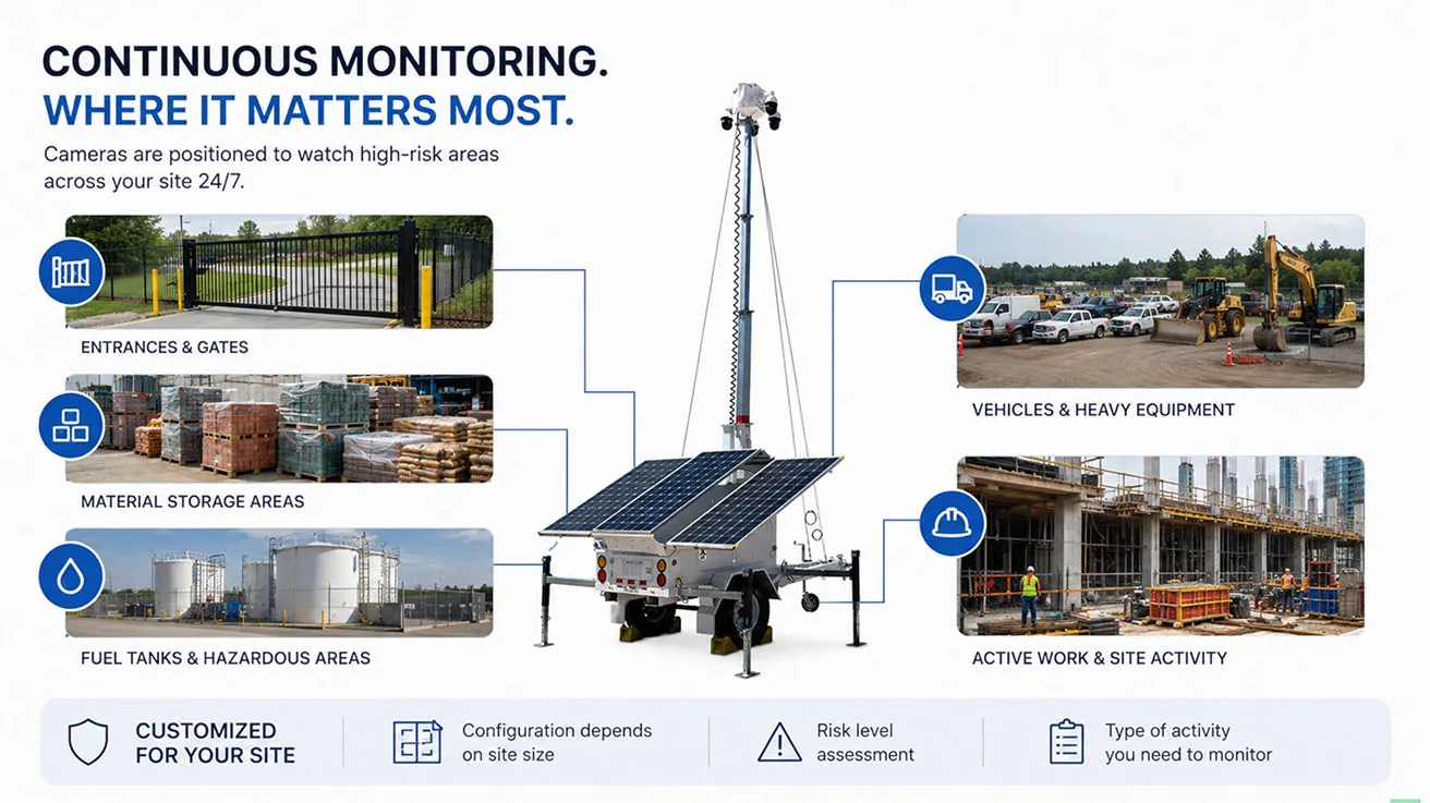 Diagram illustrating remote video monitoring flow from solar trailer cameras to central station