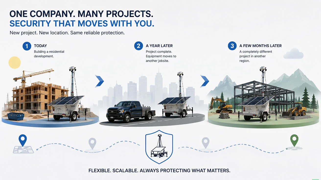 Graphic displaying mobile surveillance trailer deployments across construction energy and commercial sites
