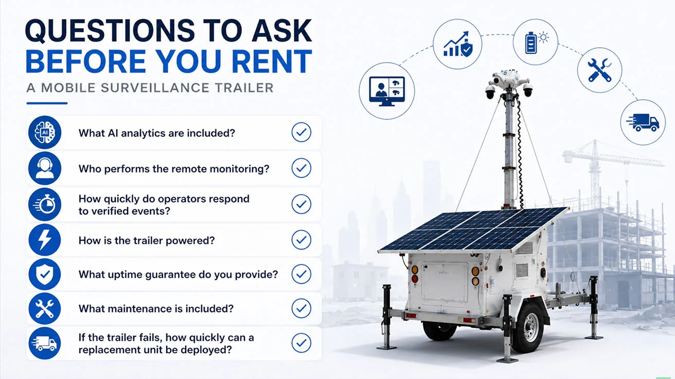 Checklist slide highlighting critical questions to ask before renting a mobile surveillance trailer