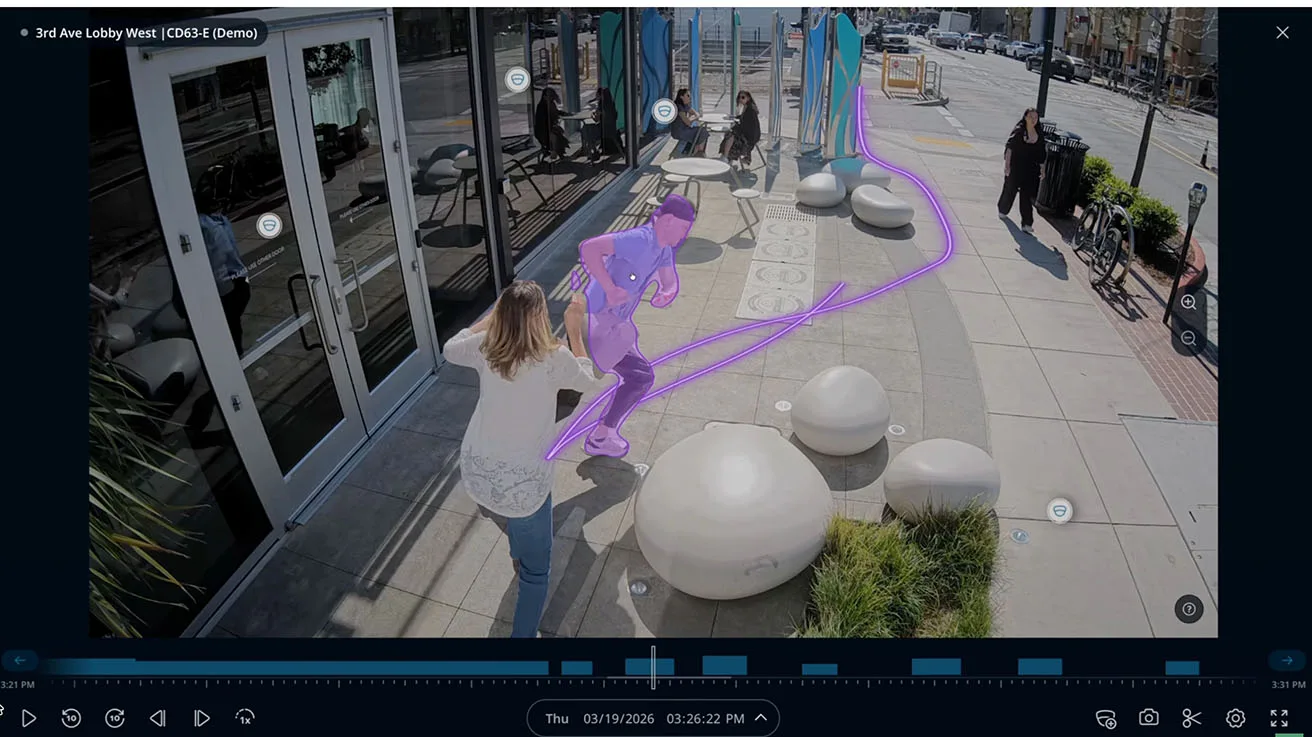 Smart security camera video analytics tracking motion path during incident investigation