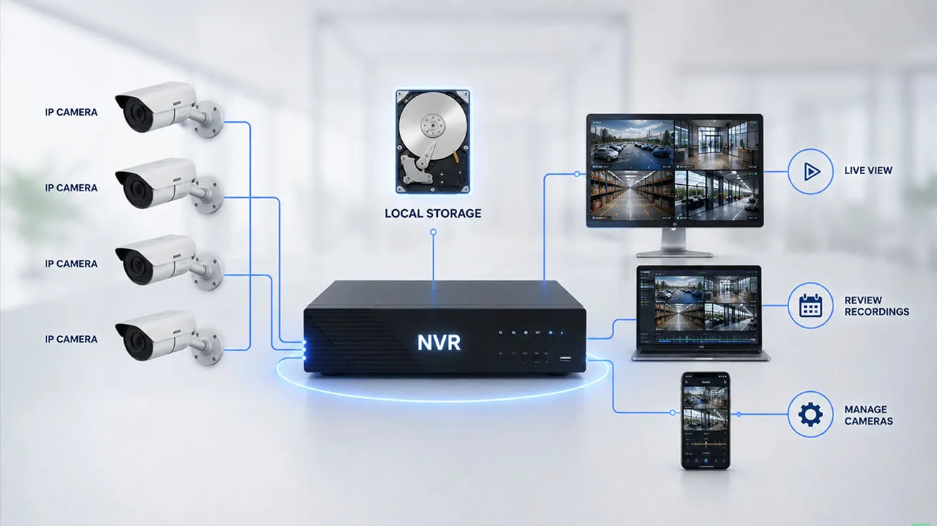 Hardware overview diagram showing network video recorder with IP cameras and local display output