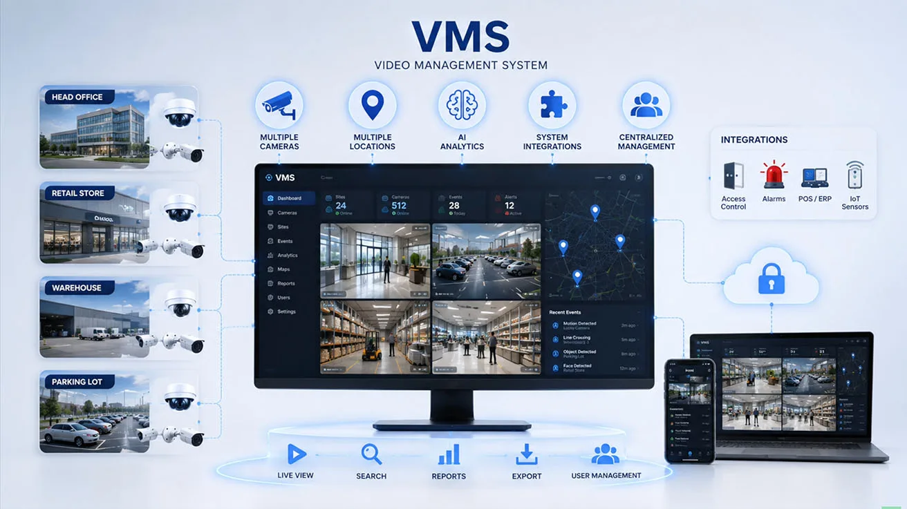 Centralized Video Management System dashboard showing multi-screen monitoring station interface