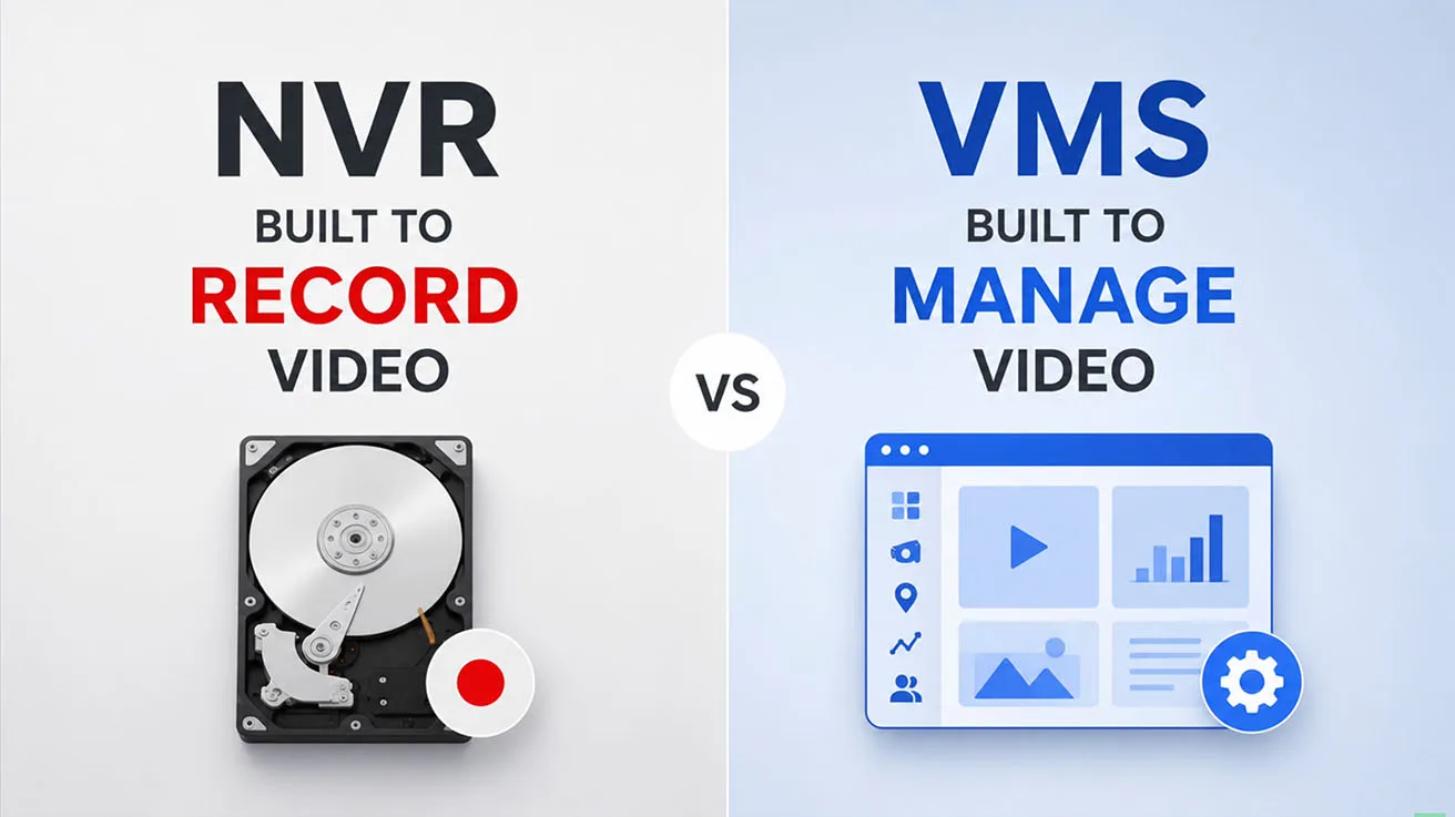 Comparison graphic contrasting NVR built to record video with VMS built to manage video