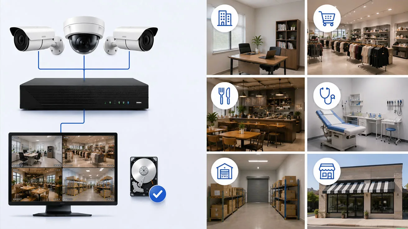 Diagram showing local IP camera setup connected to NVR for small business security