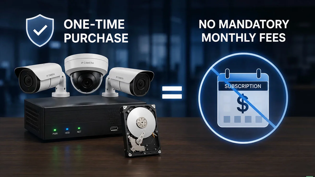 Graphic illustrating one-time NVR hardware purchase with zero mandatory monthly subscription fees