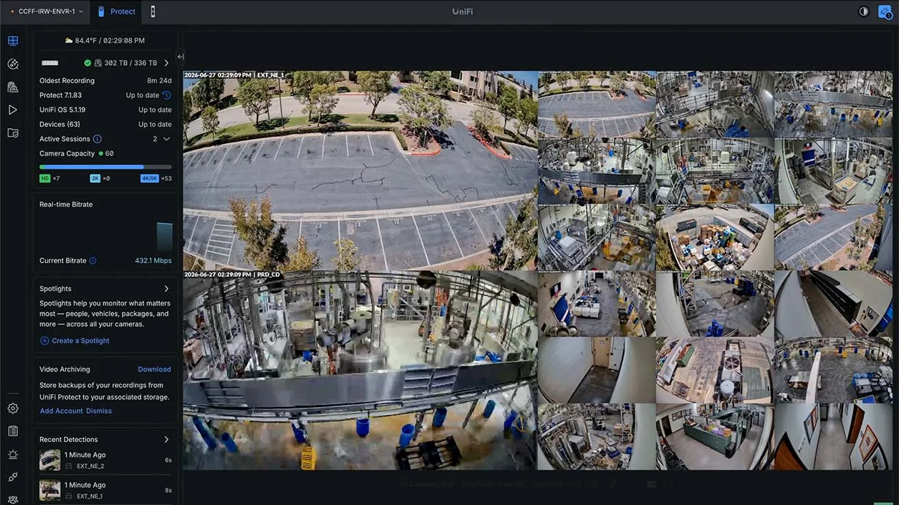 UniFi Protect video management dashboard displaying multi-camera live feeds and event timeline