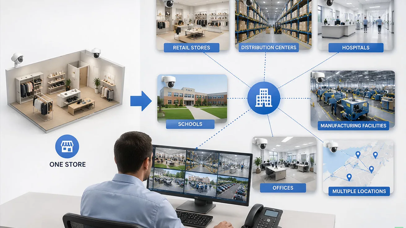 Multi-site video surveillance architecture connecting multiple commercial locations to central VMS