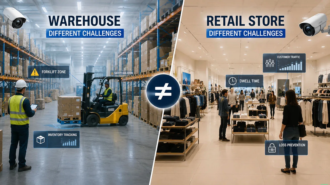 Side by side comparison showing different security needs for warehouse logistics and retail store operations