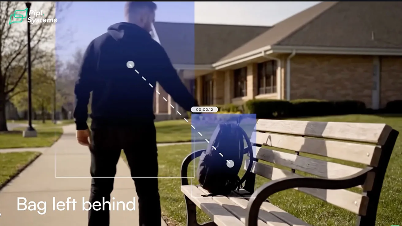 AI video surveillance alert detecting abandoned object and unattended bag on public bench