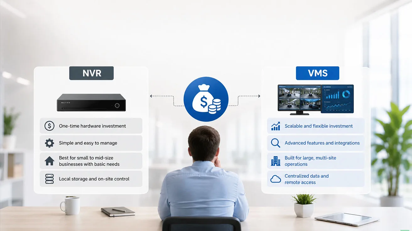Diagram showing decision tree for choosing between standalone NVR and enterprise cloud VMS