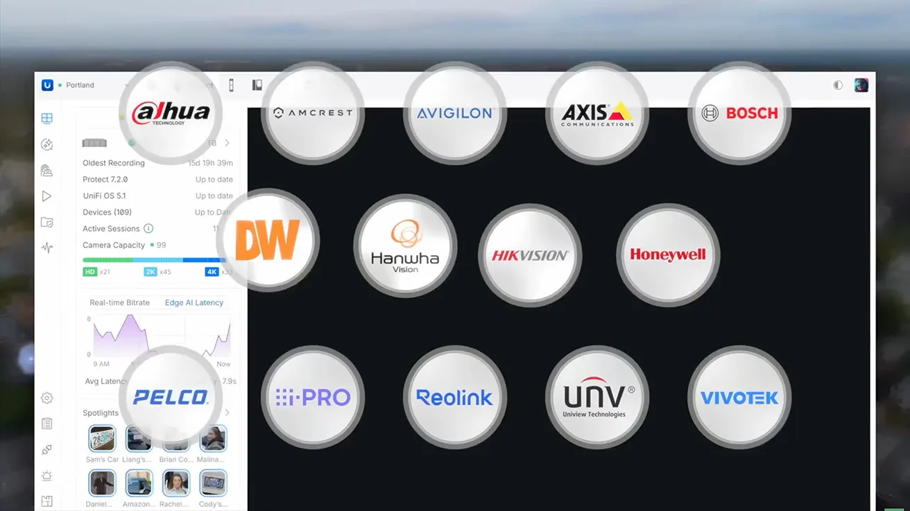 Slide displaying ONVIF integration support for third-party security camera brands