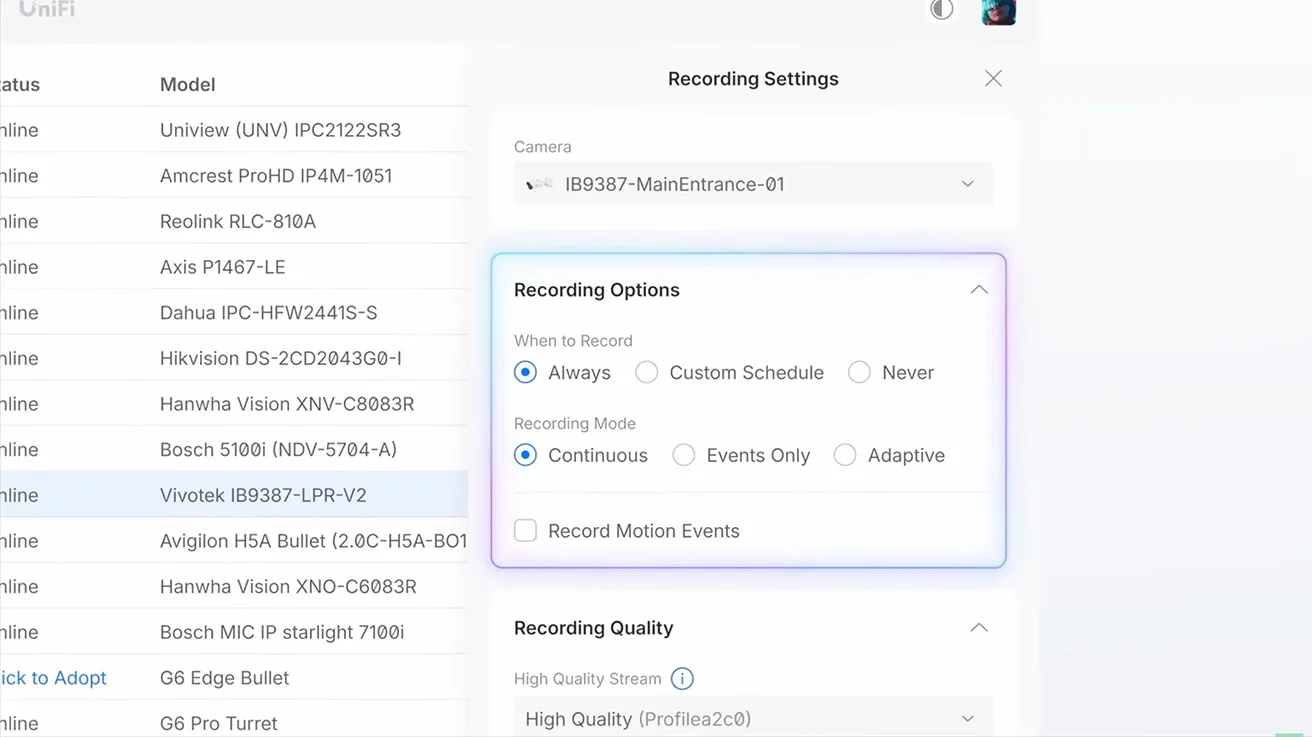 Interface showing centralized encoding and stream controls for ONVIF cameras in Protect