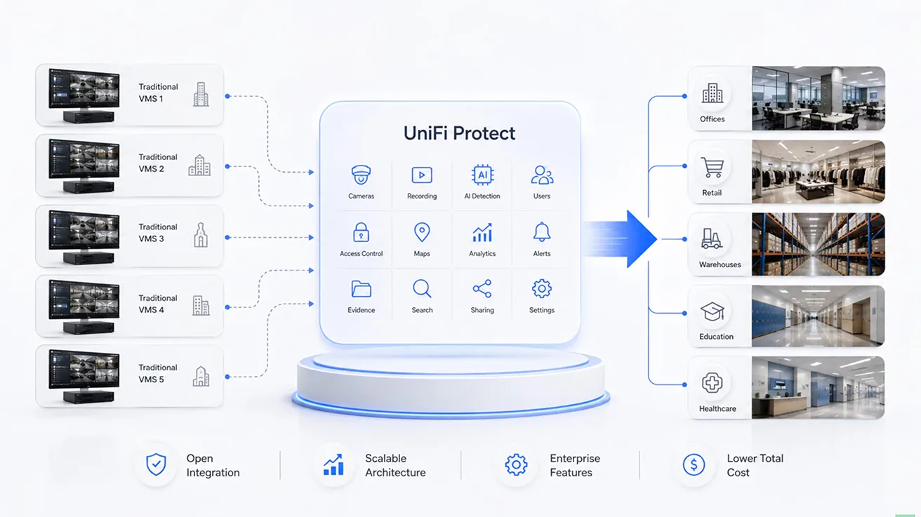 Enterprise deployment diagram showcasing UniFi NVR hardware and multi-camera setup