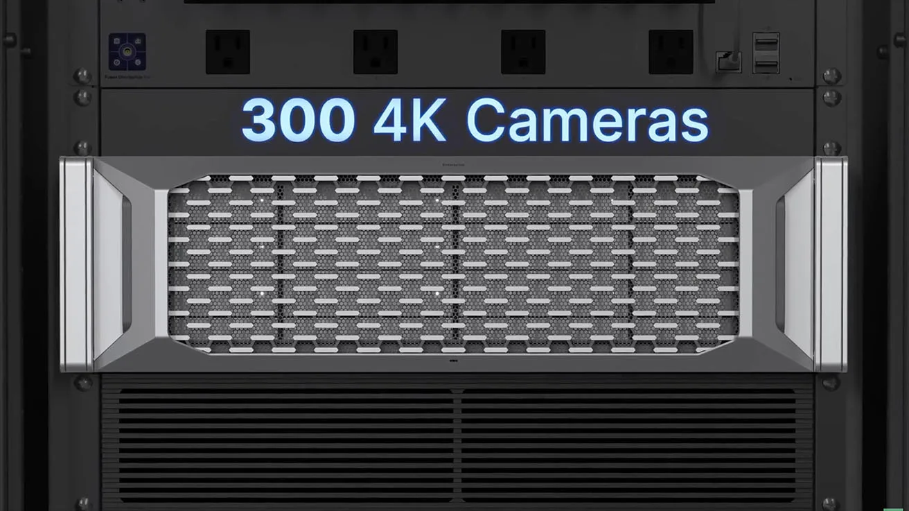 High-density surveillance server rack setup supporting hundreds of 4K security cameras