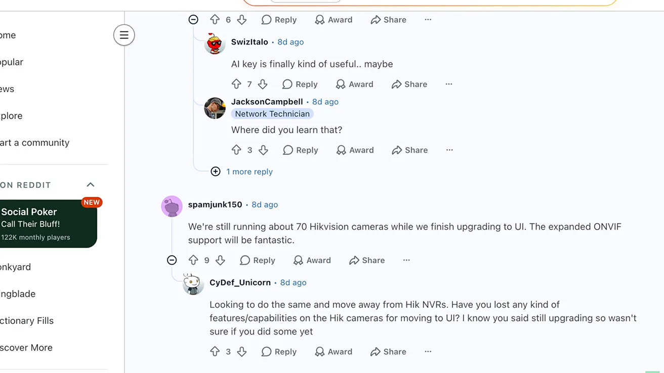 Reddit community comment screenshot discussing migration of 70 Hikvision cameras to UniFi Protect
